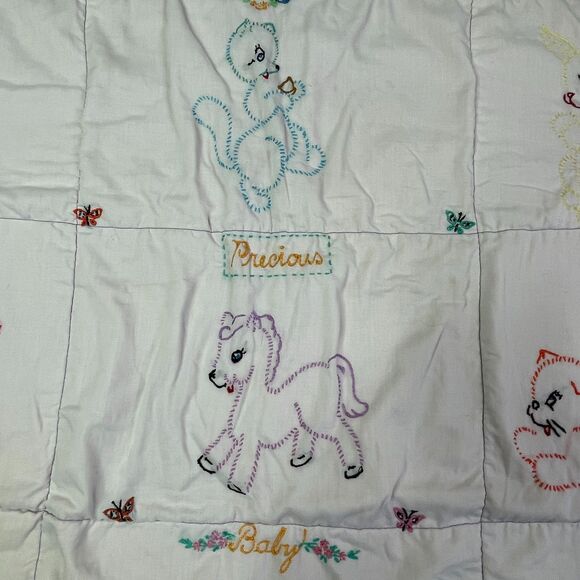 Vintage Baby Quilt Hand Embroidered Animals Pastel Crib Blanket Handmade 36x30 - Picture 2 of 16